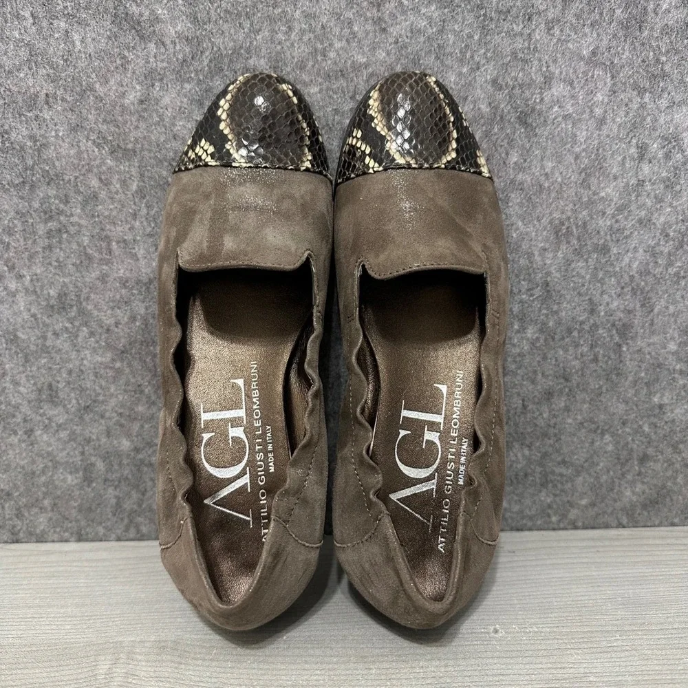 AGL‎ Ballet Flats Women Sz 36 US 6 Brown  Snakeskin Cap Toe Shimmer Loafers
